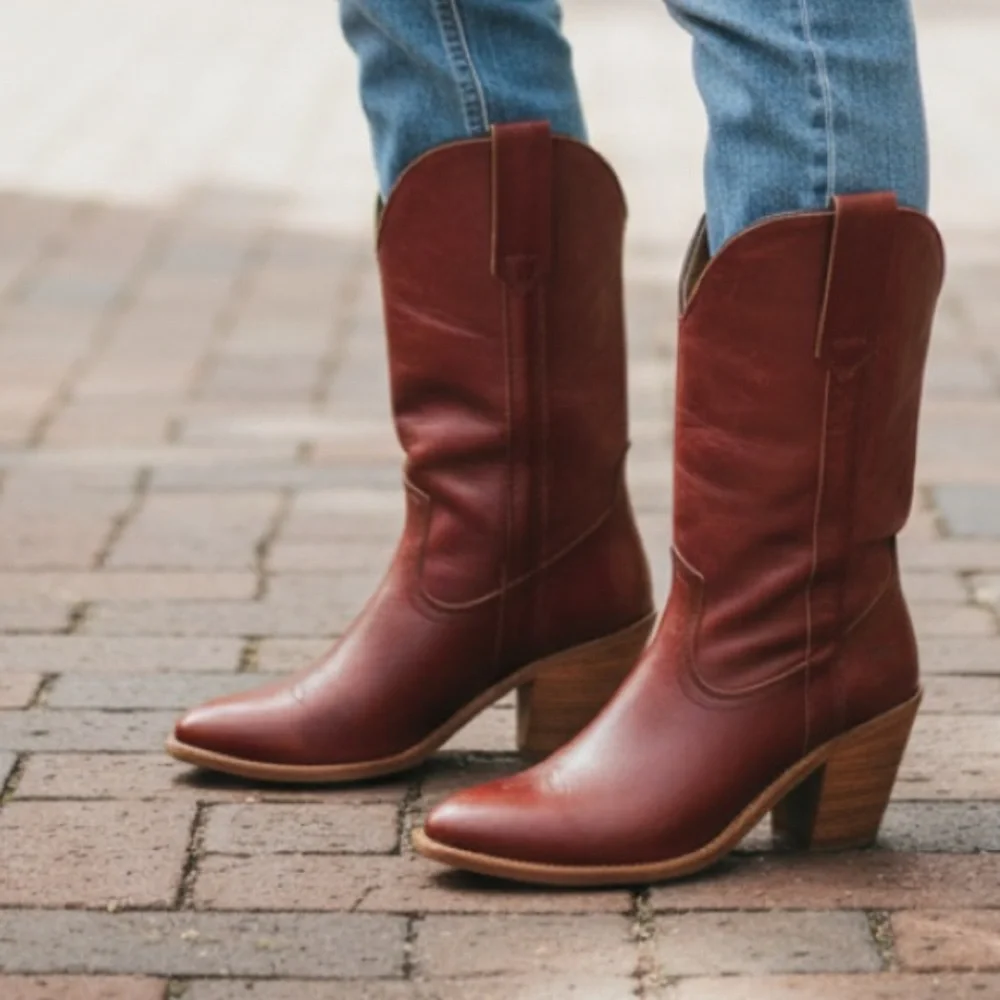 1990’s Frye Vintage Leather Pull On Red Cognac Heeled Cowboy Western Cute Bootie